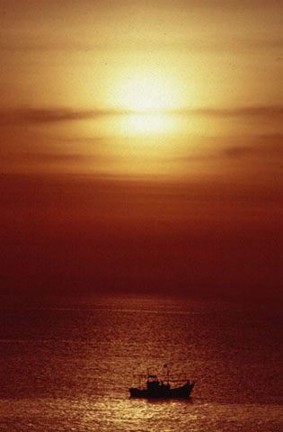オレンジ色の夕陽に照らされた舟が心地よさげ。日本海は鉛色の海と荒波のイメージがあるが、ふだんはこんなおだやかな海なのだ。